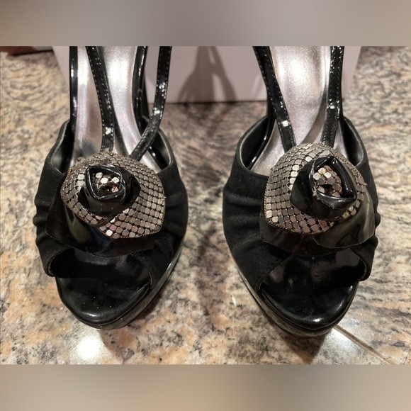 BAKER SLINGBACK, Black Leather Platform Open Toe High Heel, Saprina Stiletto 7.5 - Picture 2 of 5